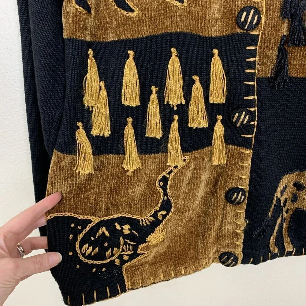Dressbarn Womens Vintage Cardigan Sweater M Safari Jungle Animal Tassel 90s 80s